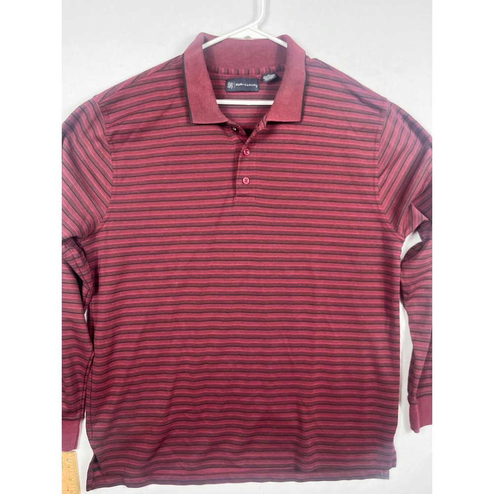 R&R Casual Long Sleeve Polo Shirt‎ Mens XL Striped Burgundy Black Cotton Blend